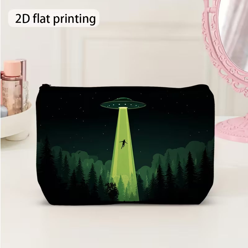 Exquisite Dark-Style Makeup Bag with UFO Alien Print – Compact 15x22cm Toiletry Pouch for Travel, Work & Daily Essentials