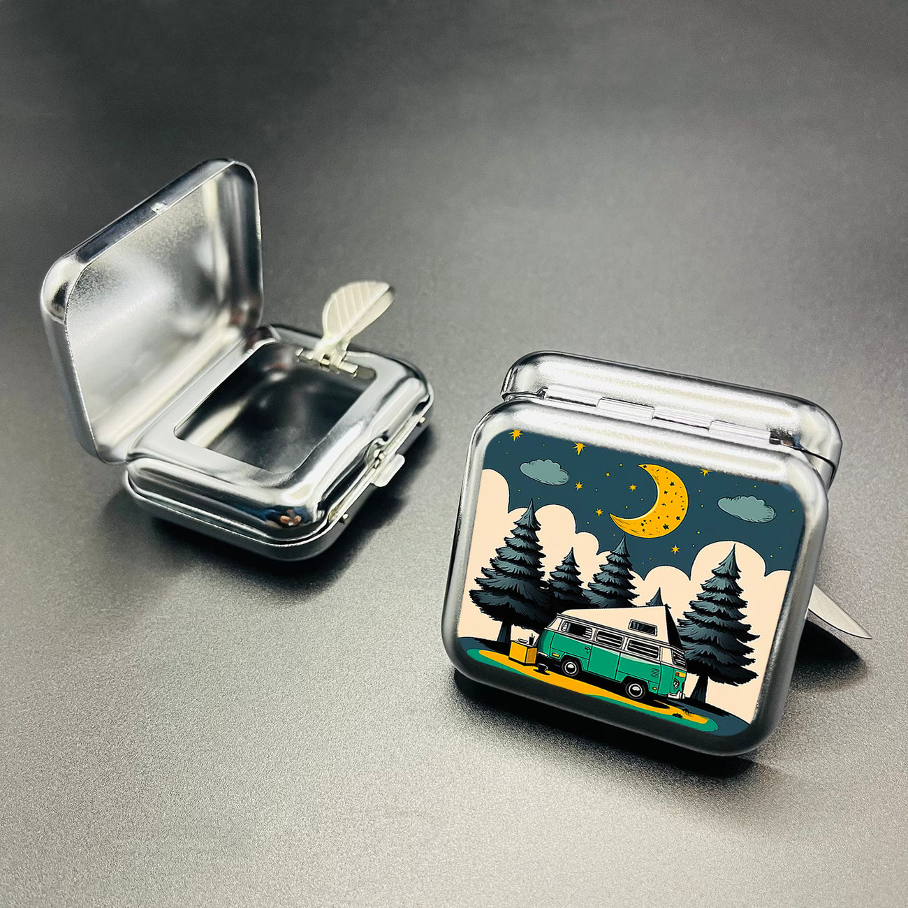 RV Travel Mini Metal Ashtray & Stash Box — Portable Pocket Container