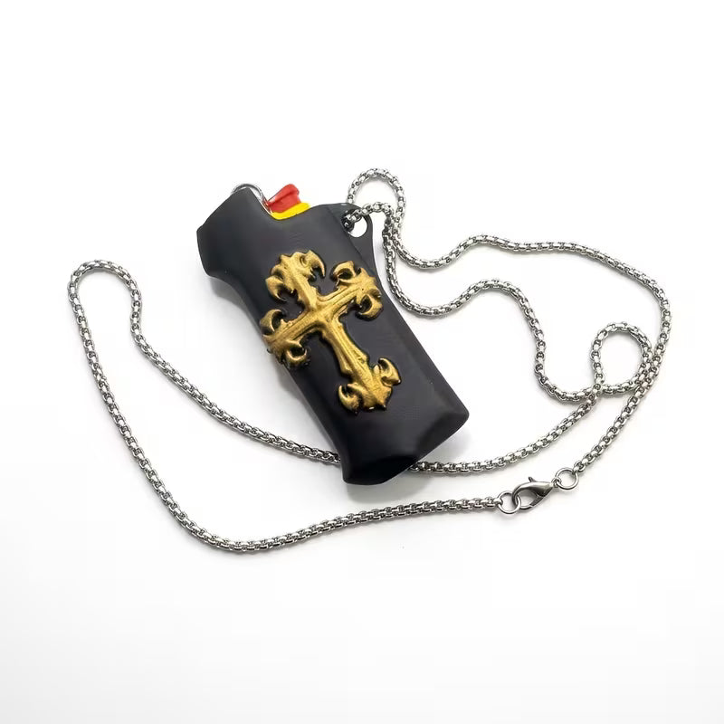 Gothic Cross Lighter Case — Punk Rock EDC Protective Cover with Necklace Cord