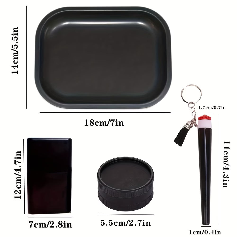 Black Smoking Set — Tray, Cigarette Case, Hand Grinder & Storage Tube