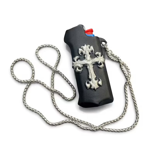 Gothic cross lighter case with necklace cord, punk rock style EDC cover