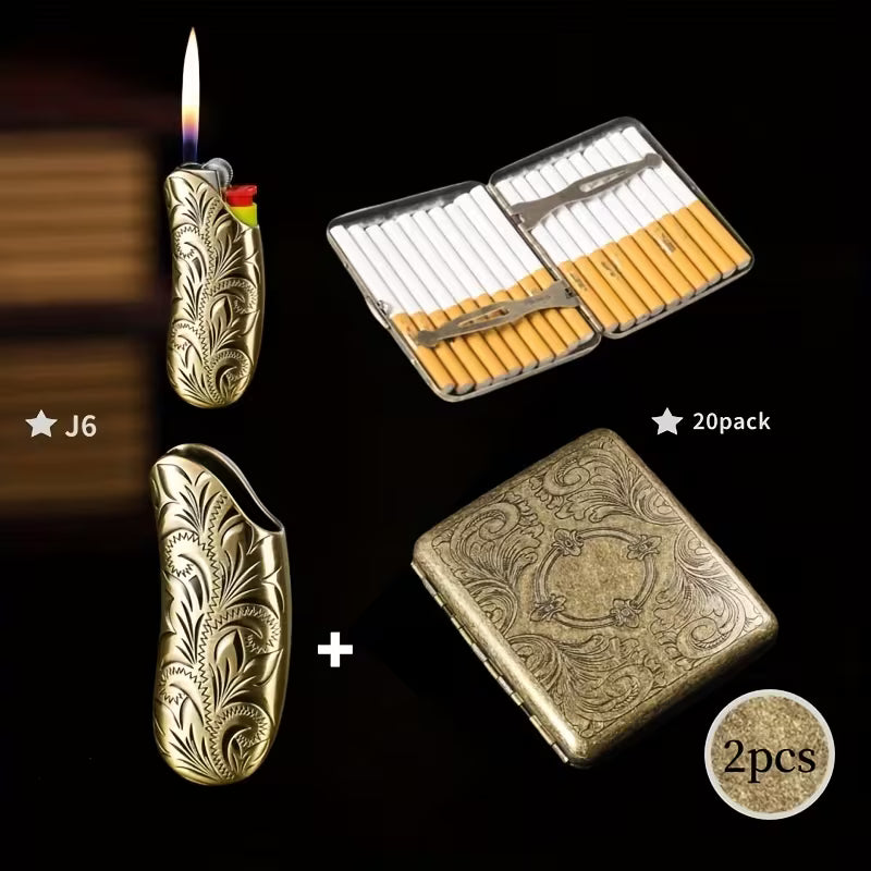 Vintage-Style Metal Smoking Set (2pcs) – Durable 20-Slot Cigarette Case + BIC J6 Lighter Cover, Great Gift for Dad or Him