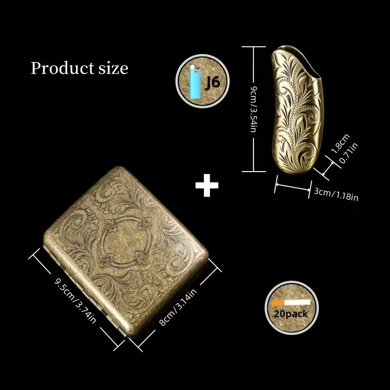 Vintage-Style Metal Smoking Set (2pcs) – Durable 20-Slot Cigarette Case + BIC J6 Lighter Cover, Great Gift for Dad or Him