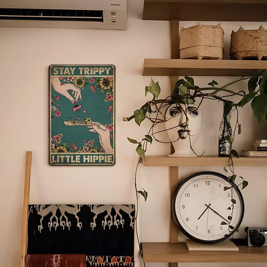Stay Trippy Little Hippie retro wooden wall sign, vintage room decor - additional view
