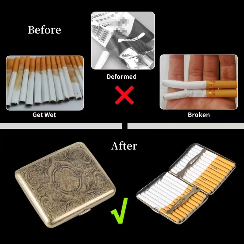 Vintage-Style Metal Smoking Set (2pcs) – Durable 20-Slot Cigarette Case + BIC J6 Lighter Cover, Great Gift for Dad or Him