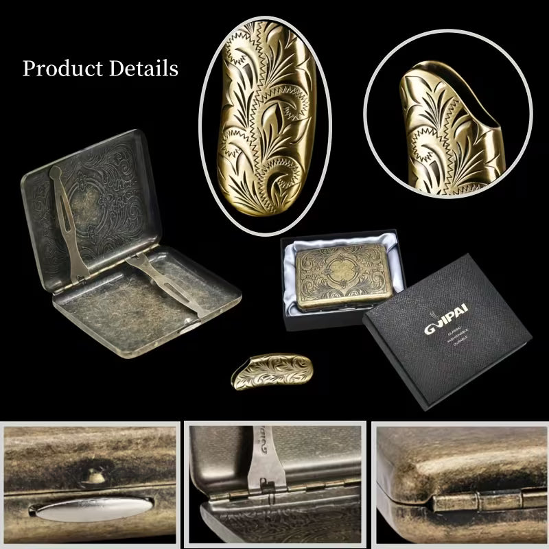 Vintage-Style Metal Smoking Set (2pcs) – Durable 20-Slot Cigarette Case + BIC J6 Lighter Cover, Great Gift for Dad or Him