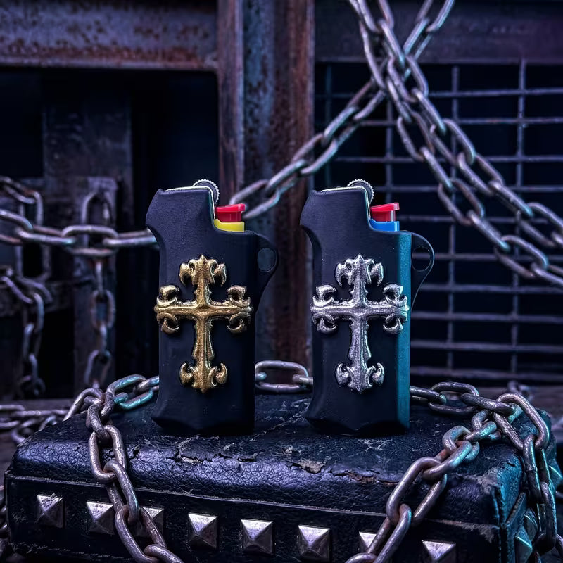 Gothic Cross Lighter Case — Punk Rock EDC Protective Cover with Necklace Cord