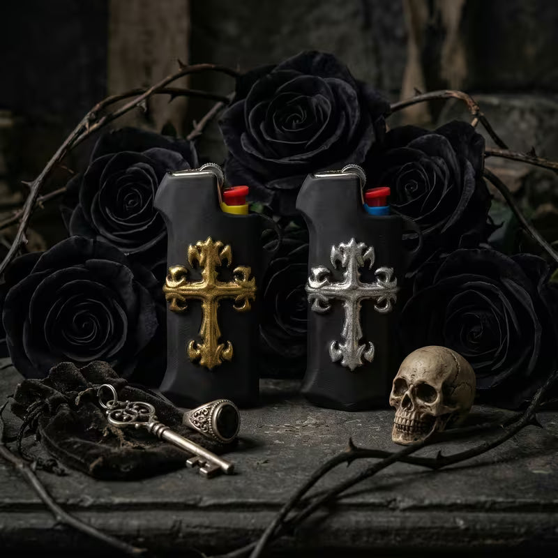 Gothic Cross Lighter Case — Punk Rock EDC Protective Cover with Necklace Cord