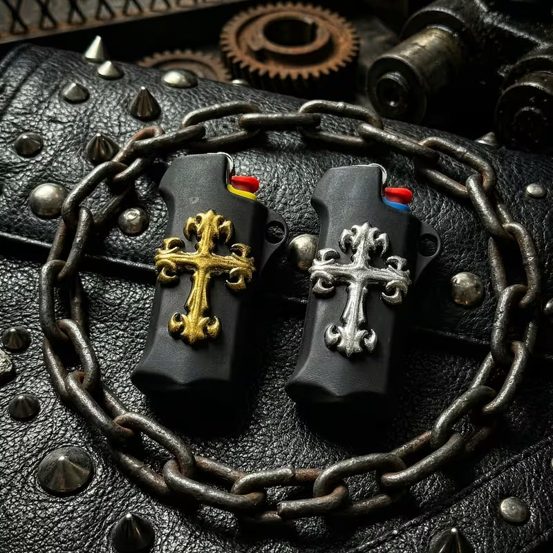 Gothic Cross Lighter Case — Punk Rock EDC Protective Cover with Necklace Cord